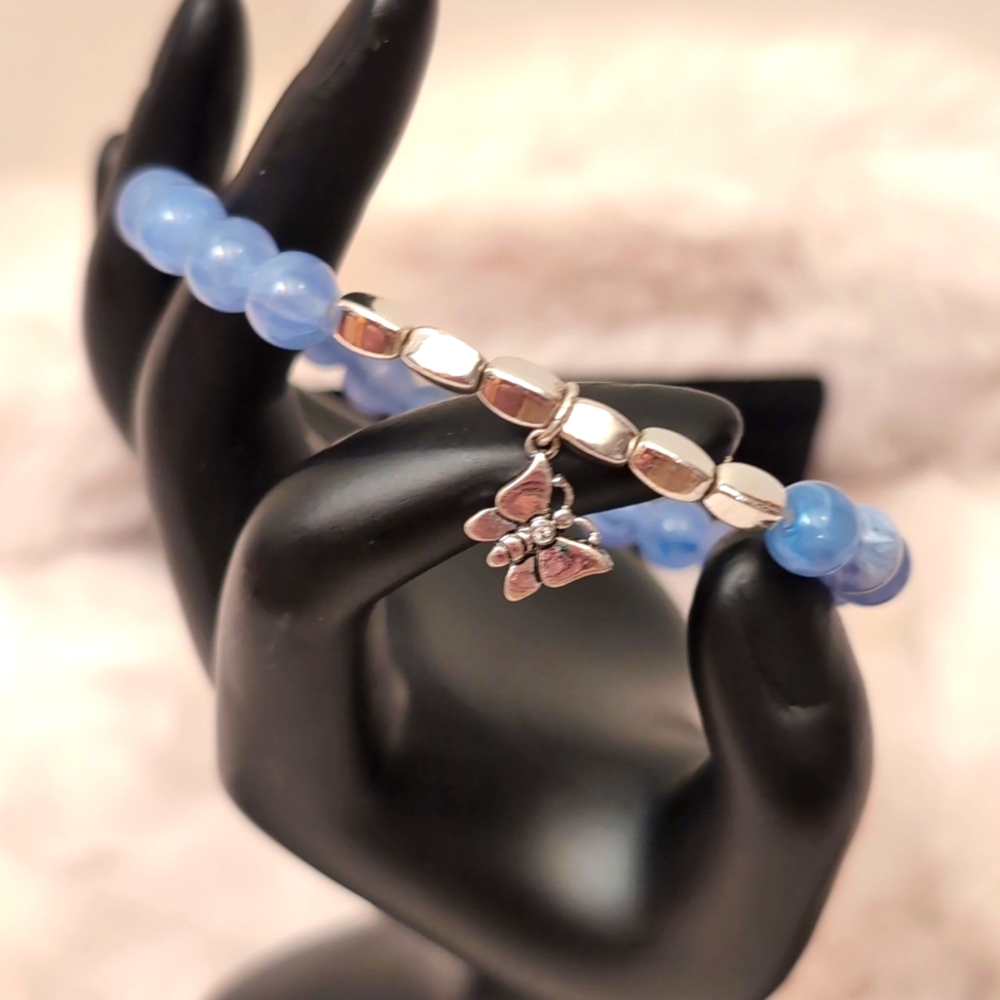 Blue Beaded Bracelet with Silver Toned Butterfly Bead Focus